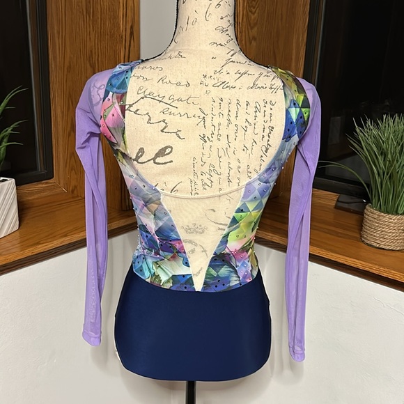 eleve Dance Costume Leotard Multicolored w/ Rhinestones & Mesh Details - Picture 3 of 12